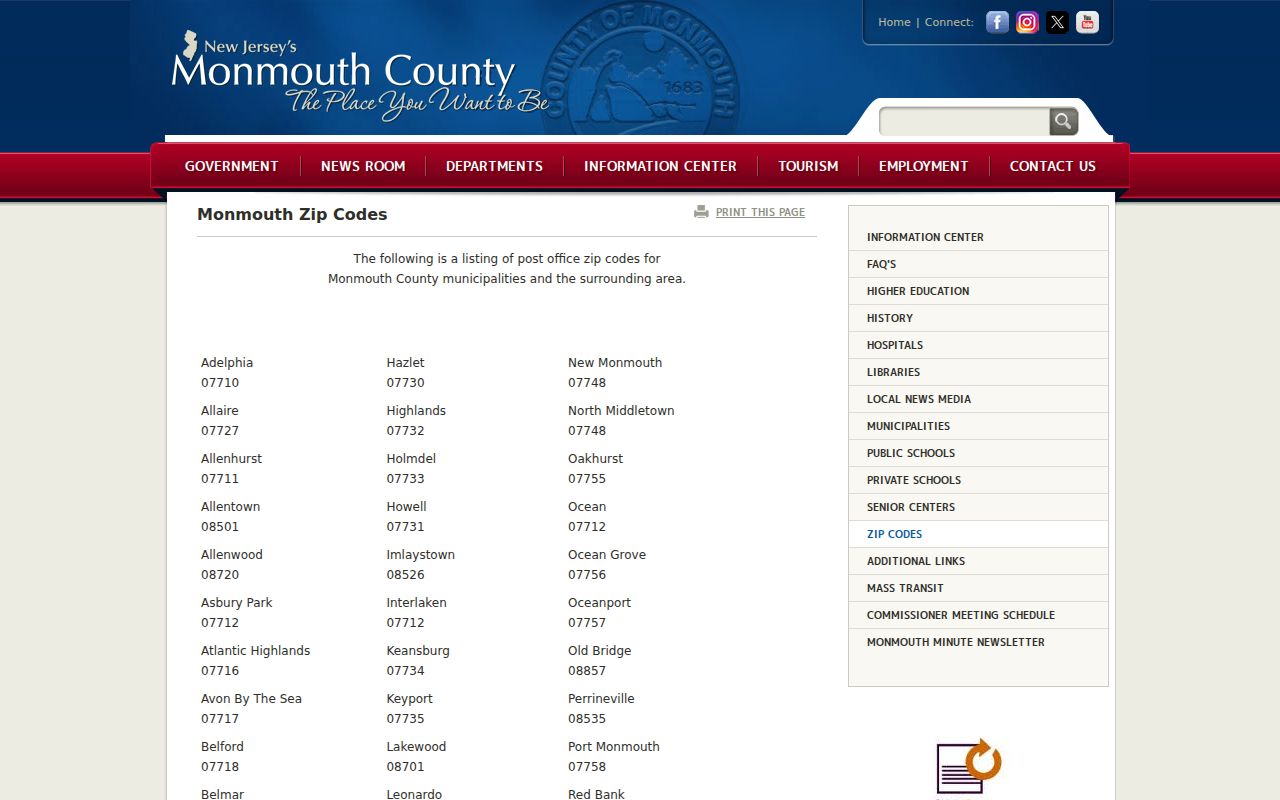 Ocean Township ZIP code directory Monmouth County ZIP list for Ocean and Oakhurst