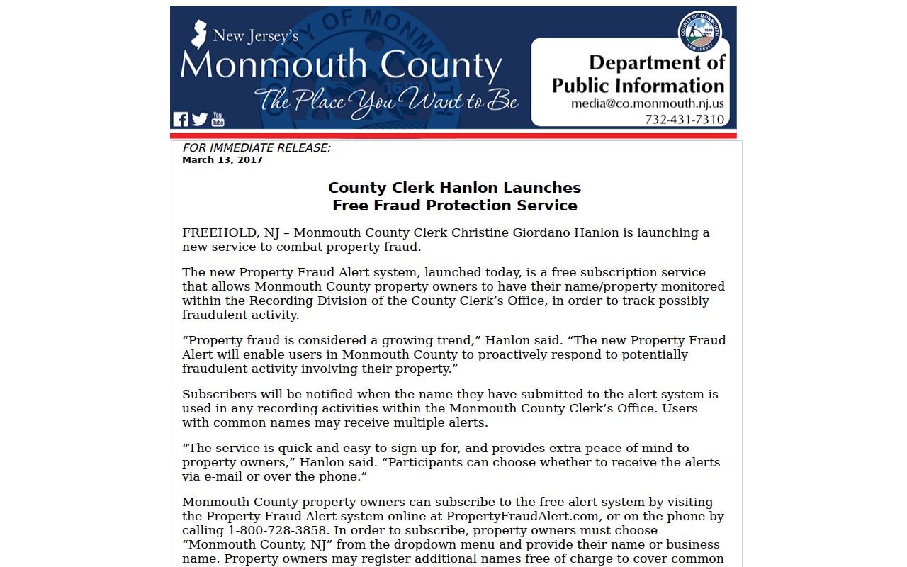 Ocean Township previous residents research with the Monmouth County property fraud alert